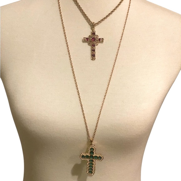 2 Camrose Kross Jackie Kennedy Faux Emerald & Ruby Gold-Tone Cross.12K GF Chains - Picture 4 of 8